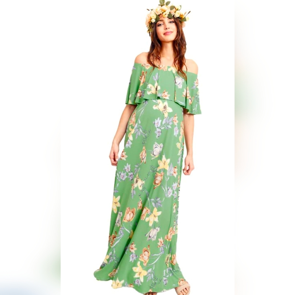 *Like New* Hello MIZ Off Shoulder Green Floral Maternity Maxi Dress
